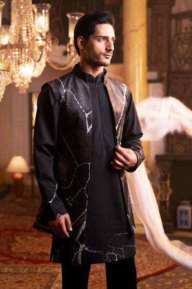 Men’s Black Satin Kurta Set with Digital Print & Hand Cut-Dana Embroidery