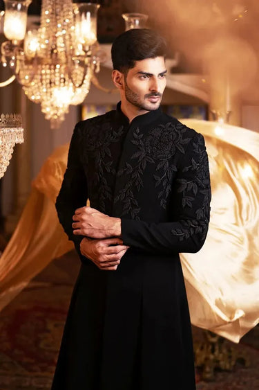 Men’s Black Meghna Fabric Gown with Resham French Knot Floral Work