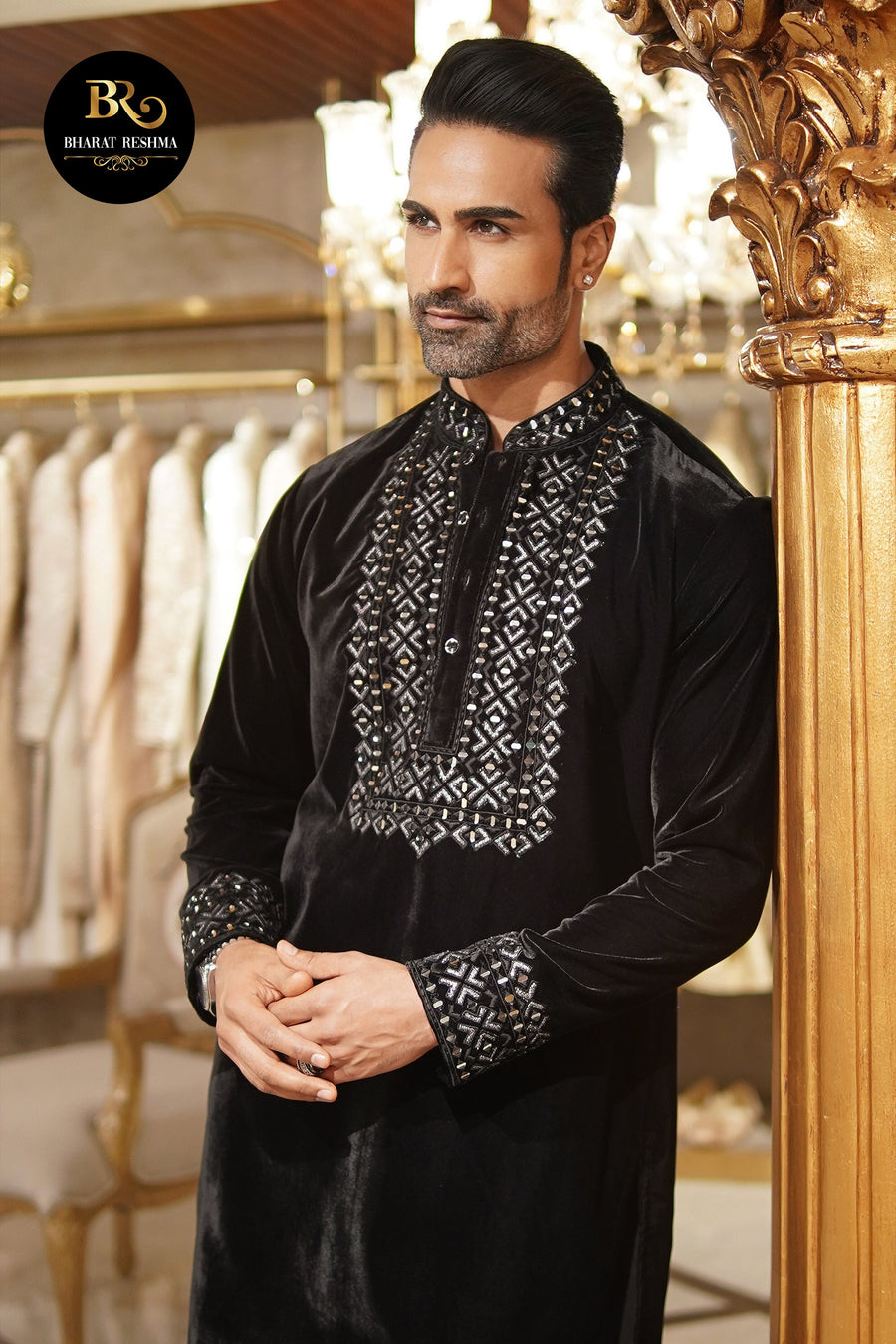Black Velvet Kurta Set with Mirror Work