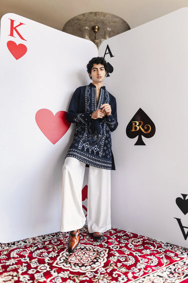 Midnight Elegance Kurta Set – Navy Kurta with Silver Embroidery & White Palazzo