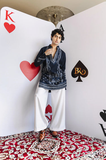 Midnight Elegance Kurta Set – Navy Kurta with Silver Embroidery & White Palazzo