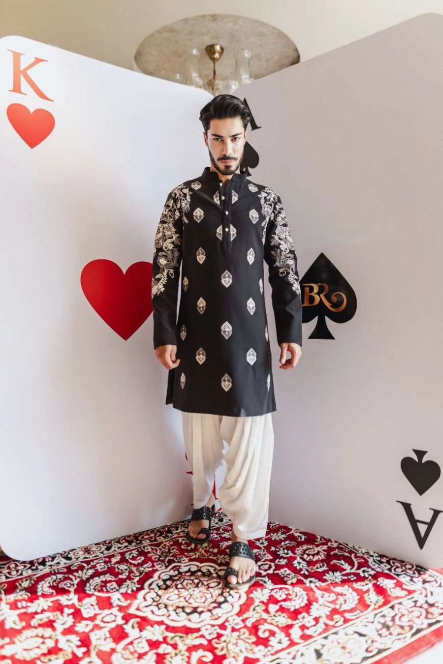 Ashen Motifs Kurta Set – Dark Grey with Ivory Dhoti