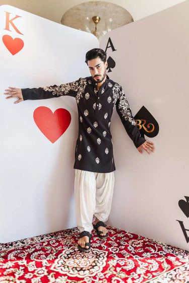 Ashen Motifs Kurta Set – Dark Grey with Ivory Dhoti