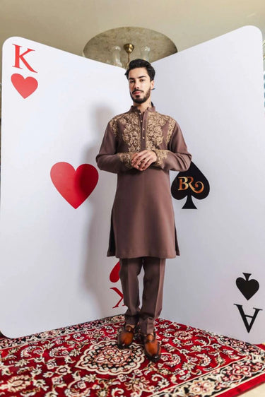 Mocha Heritage Kurta Set – Mocha Brown with Copper Aari Embroidery