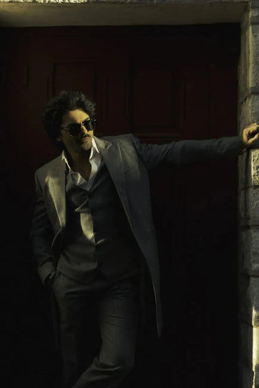 Taaha Shah in Dark Grey Stripe 3-Piece Suit