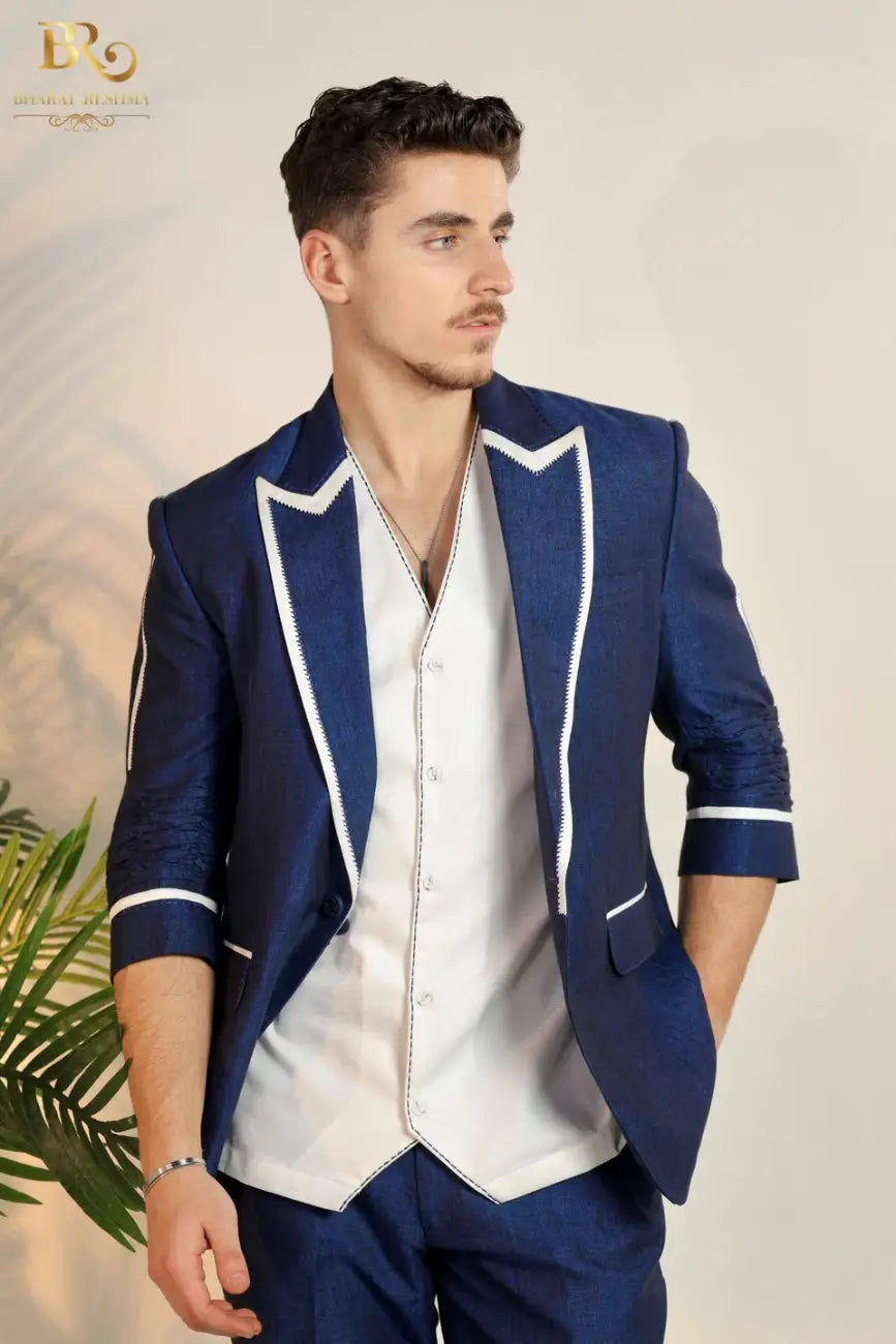 Blue Linen Blazer with White Piping Work