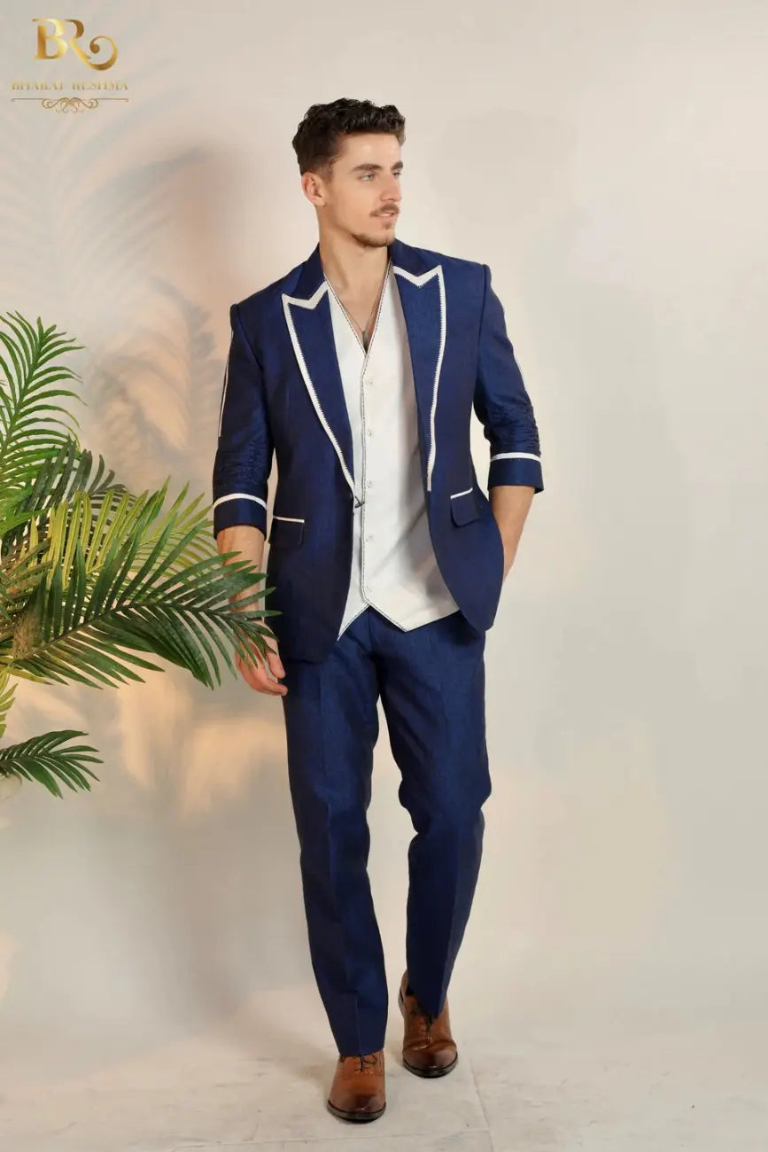 Blue Linen Blazer with White Piping Work