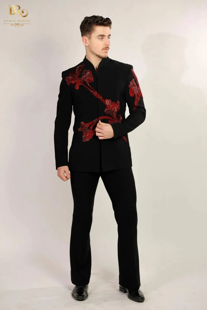 Black Resham & Cutdana Embroidered Bandhgala Suit