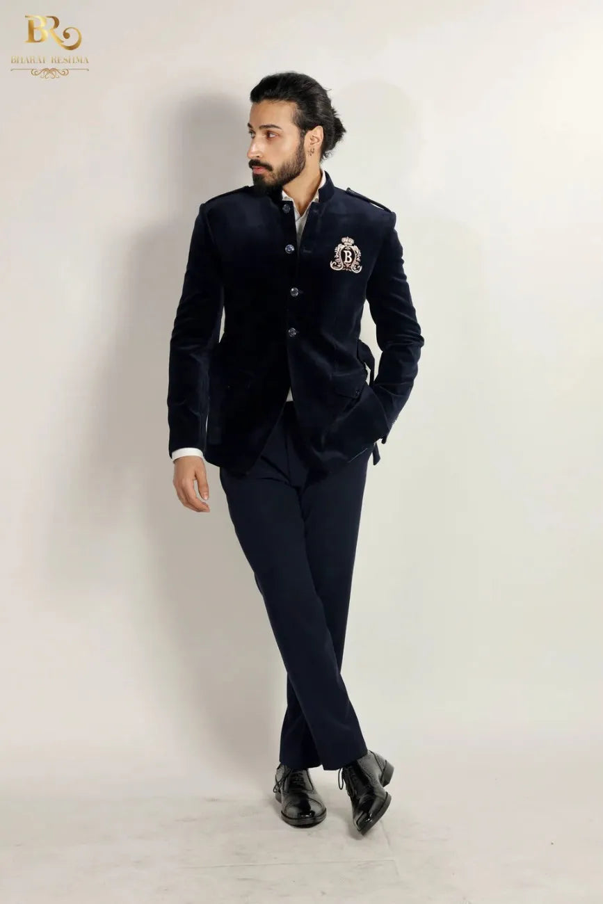 Blue Resham Embroidered Bandgala Suit in Velvet Fabric