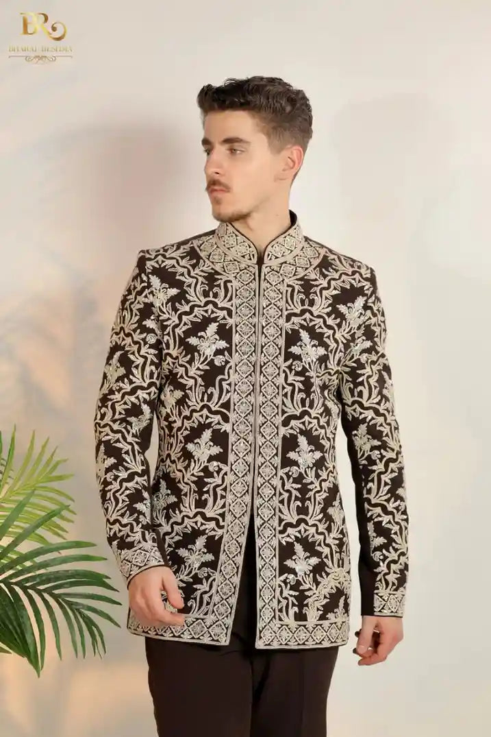 Brown Cutdana Heavy Embroided Bandhgala Suit