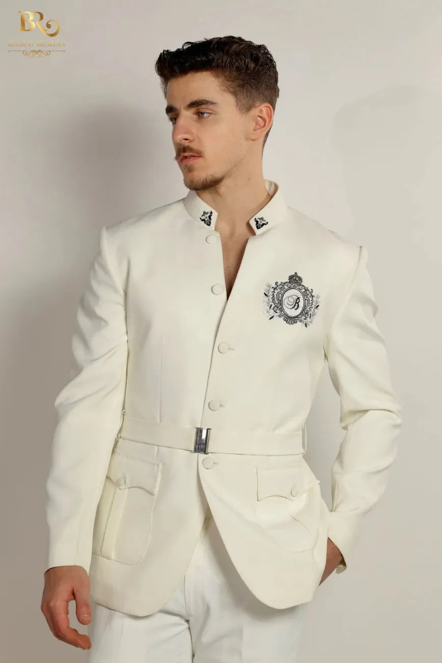 Designer Bandhgala Suit in Ivory - Slim Fit