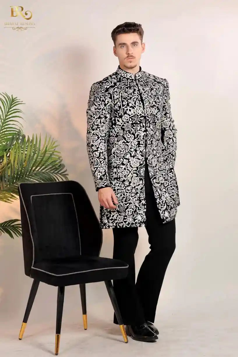 Black Thread Embroidered Indowestern Set