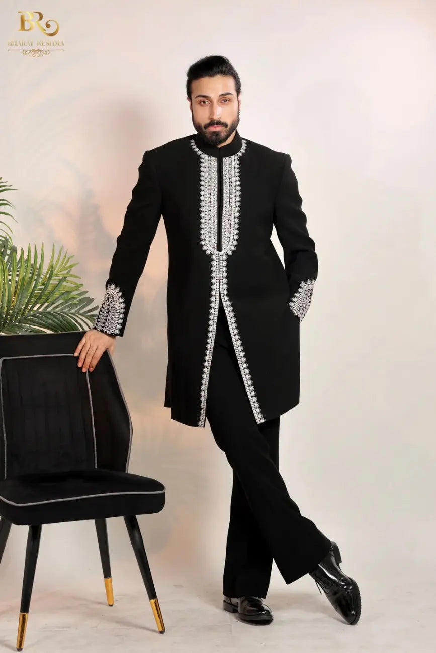 Black Embroidered Indo-Western Set with Stole & Pant