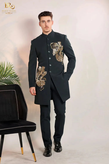 Green Indo Western with Moti & Sequence Work