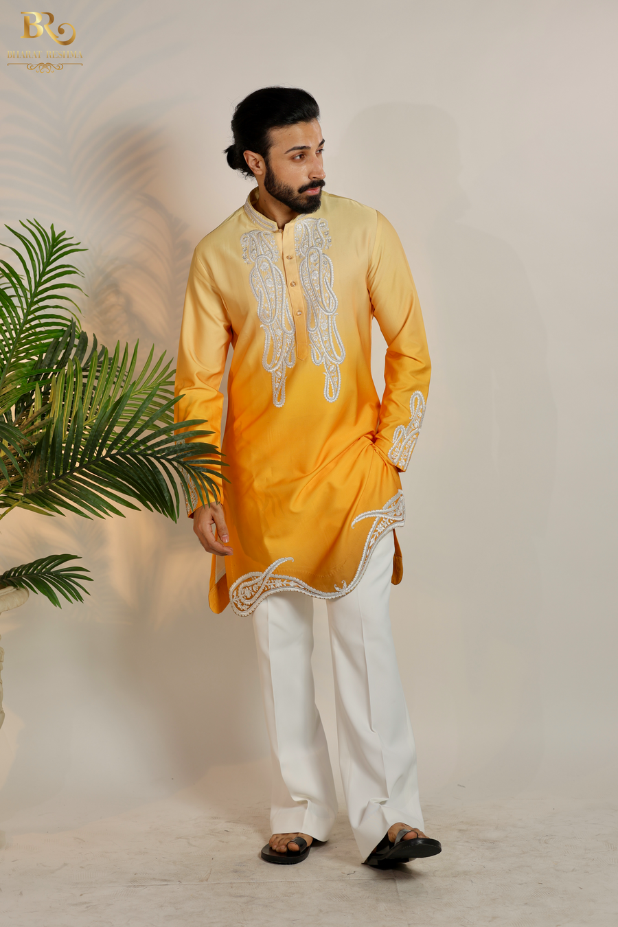 Yellow Hand Embroidered Kurta Pajama Set