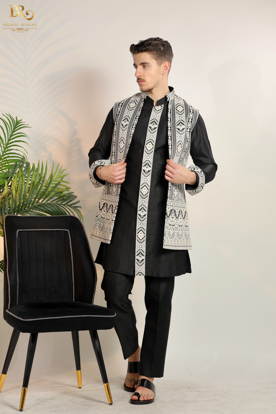 Black Resham Embroidered Geometric Long Nehru Jacket