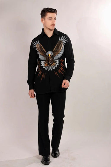 Designer Black Full Sleeve Shirt with Hand-Painted Eagle
