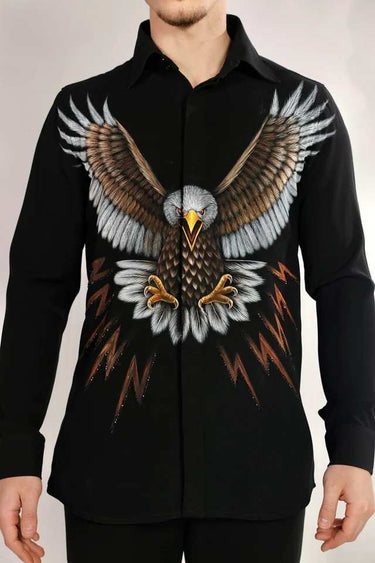 Designer Black Full Sleeve Shirt with Hand-Painted Eagle