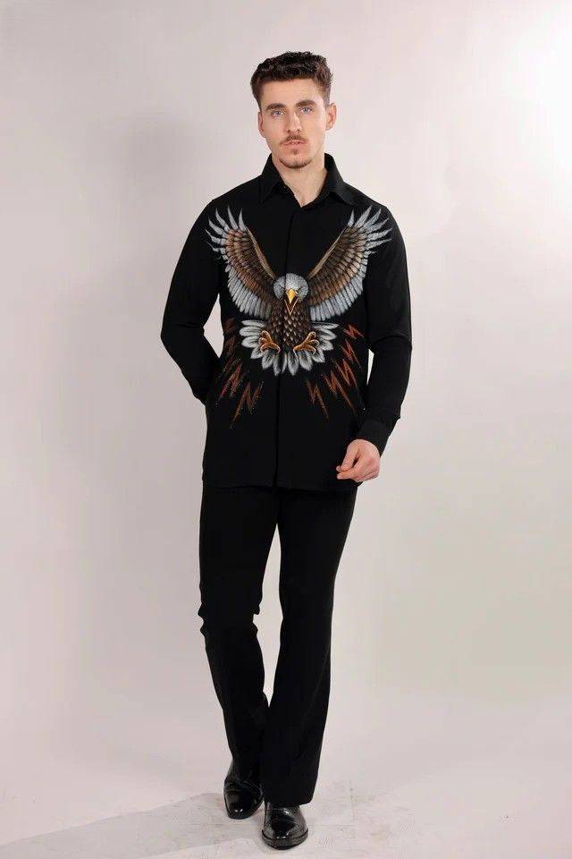Designer Black Full Sleeve Shirt with Hand-Painted Eagle