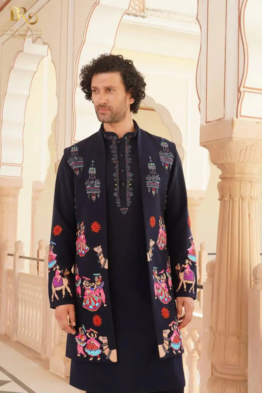 Blue Floral Jaal Pattern Open Jacket Trouser Set