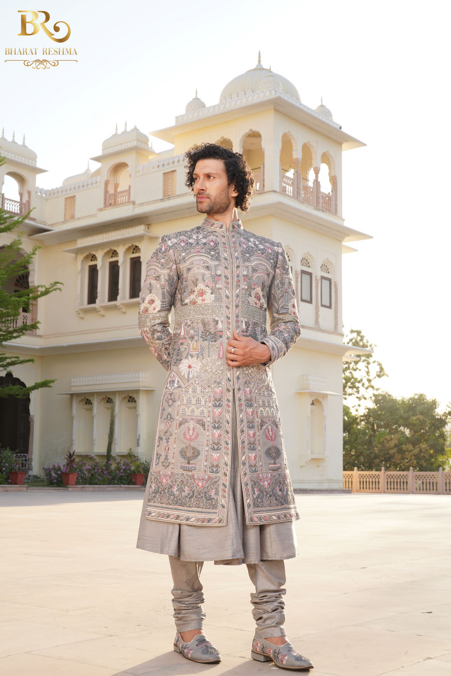 Gray Silk Embroidered Floral and Bird Pattern Sherwani
