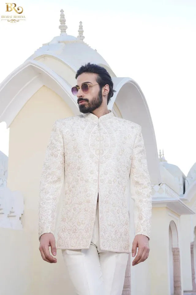 Ivory Jodhpuri Suit with floral thread embellishment