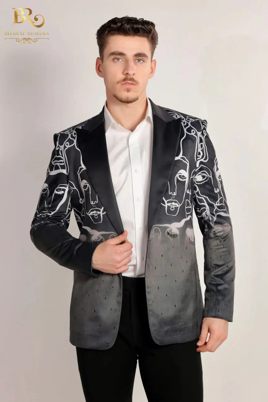 Black One Line Digital Print Blazer