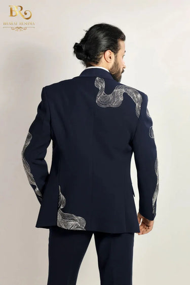 Blue Embroidered Silver Zari Work Tuxedo Set