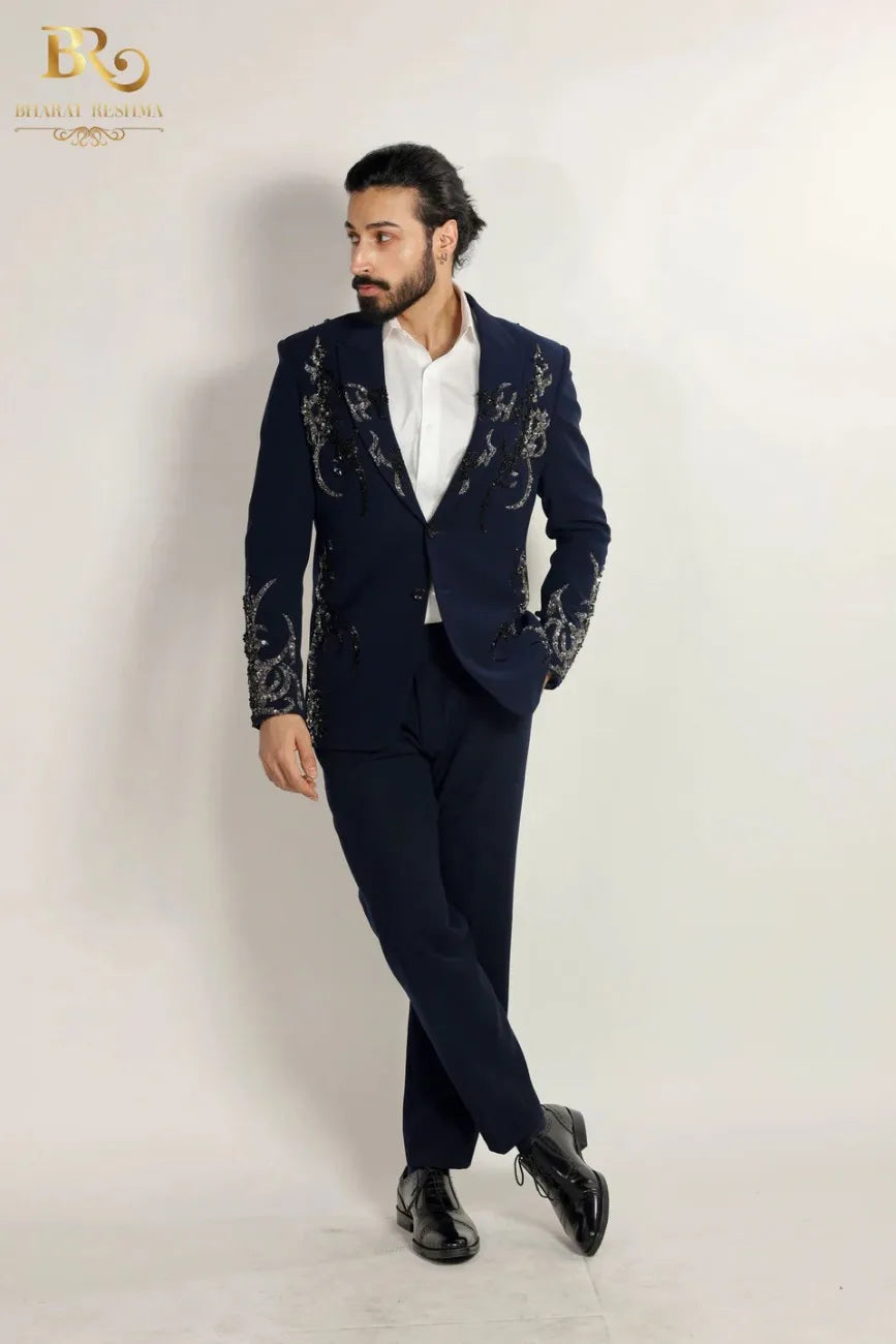 blue tuxedo with decorative embellishments