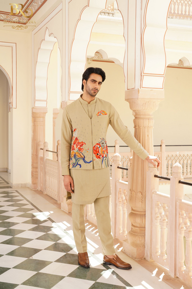 Brown carnival floral waistcoat kurta set