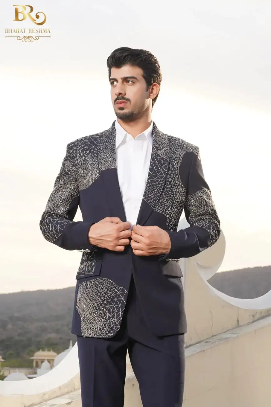 Blue Embroidered Cutdana Work Tuxedo Set
