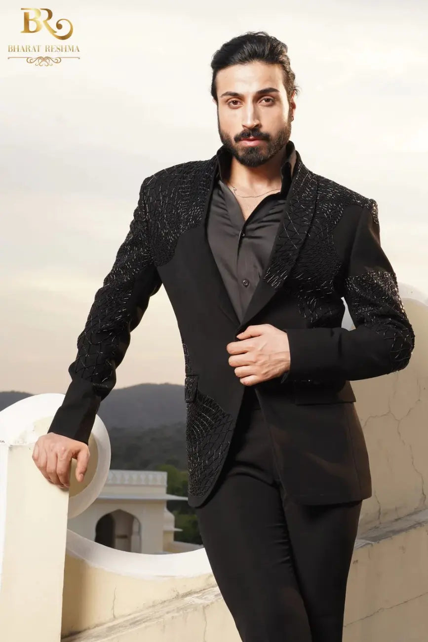 Black Embroidered Cutdana Work Tuxedo Set