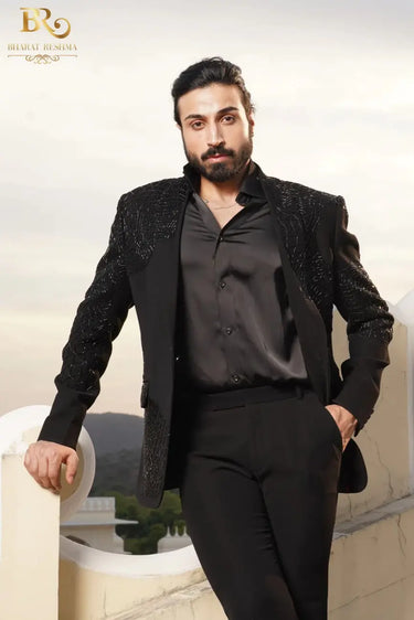 Black Embroidered Cutdana Work Tuxedo Set