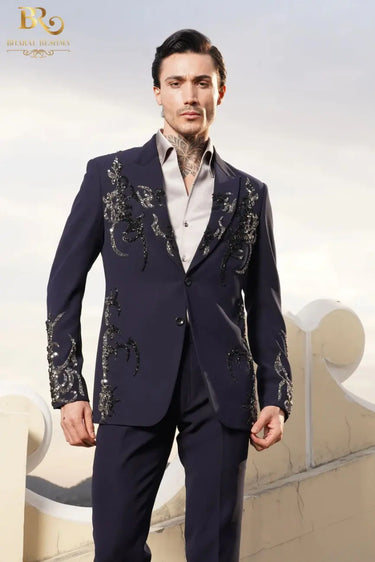 blue tuxedo with decorative embellishments