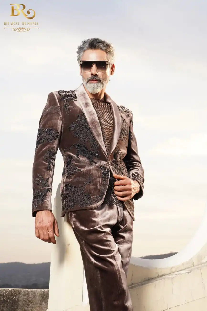 Brown tuxedo with Black Zari embellishments