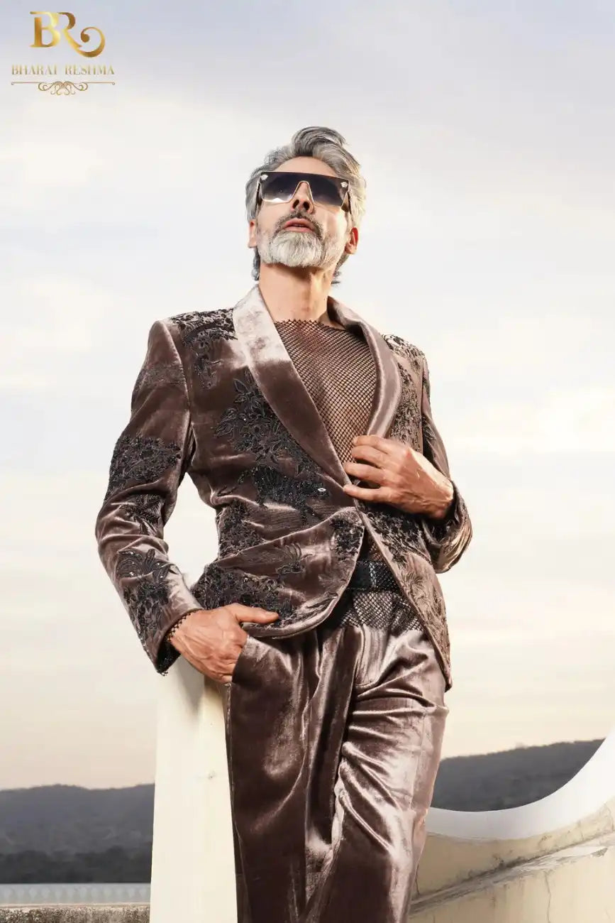 Brown tuxedo with Black Zari embellishments
