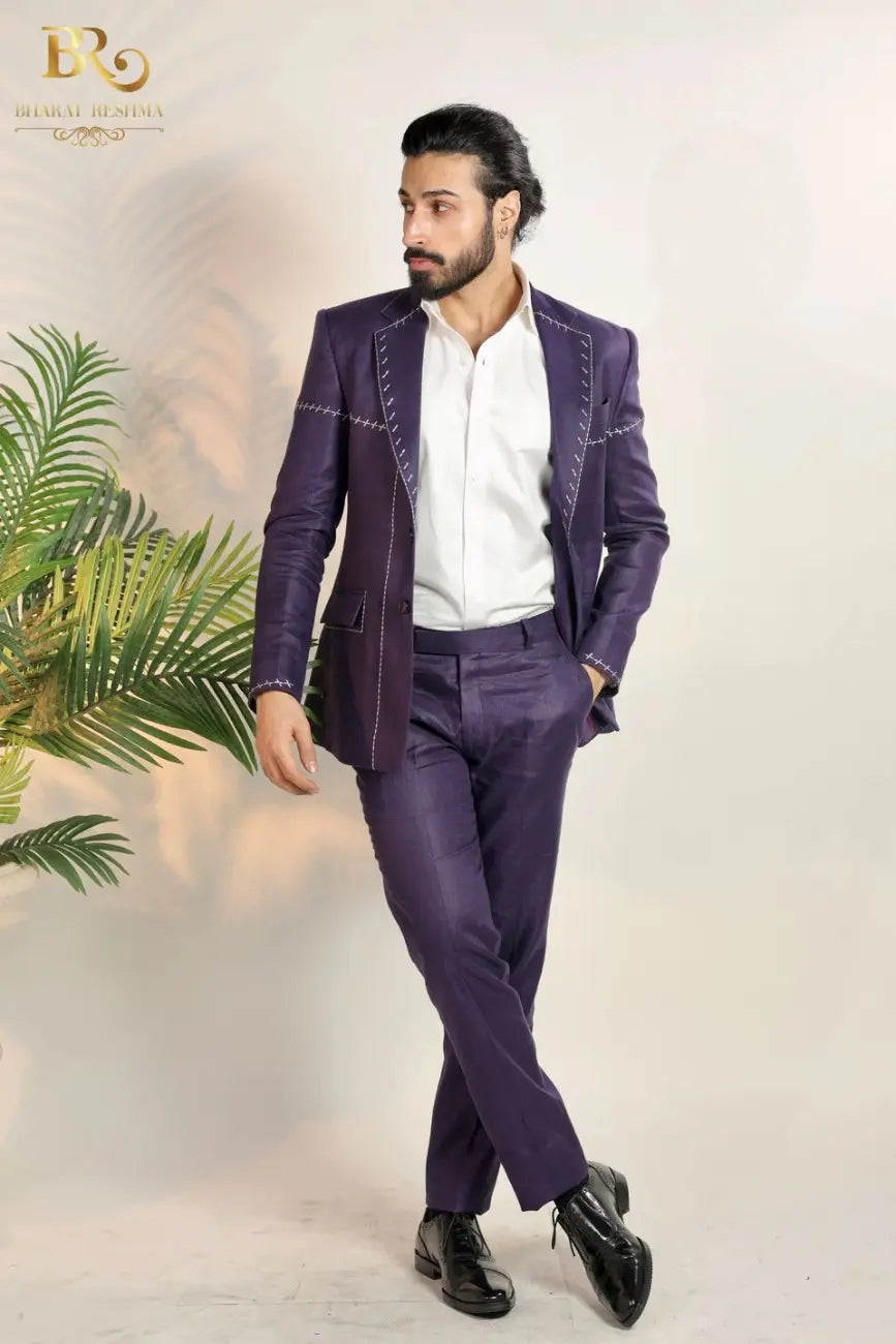 purple blazer with decorative white Hand Hamming Work