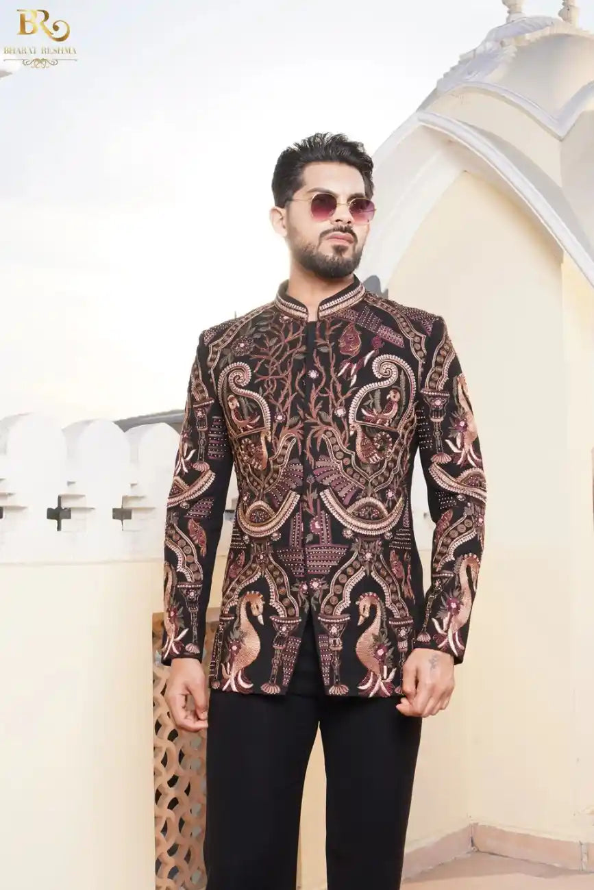 Black Embroidered Italian Bandhgala Suit