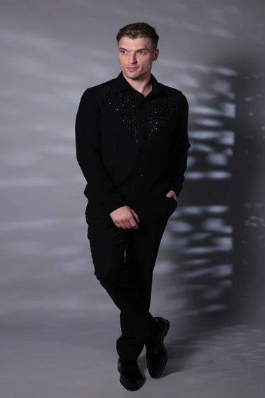 Black Glamorous Shine Embroided Motif Shirt