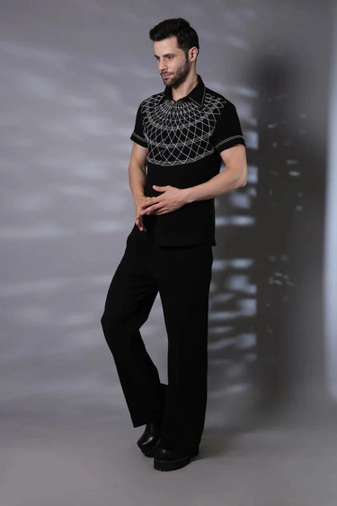 Black Half Sleeve Thread Embroided Shirt