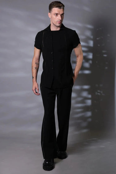 Black Half Sleeve Elegant Pleats Design Shirt