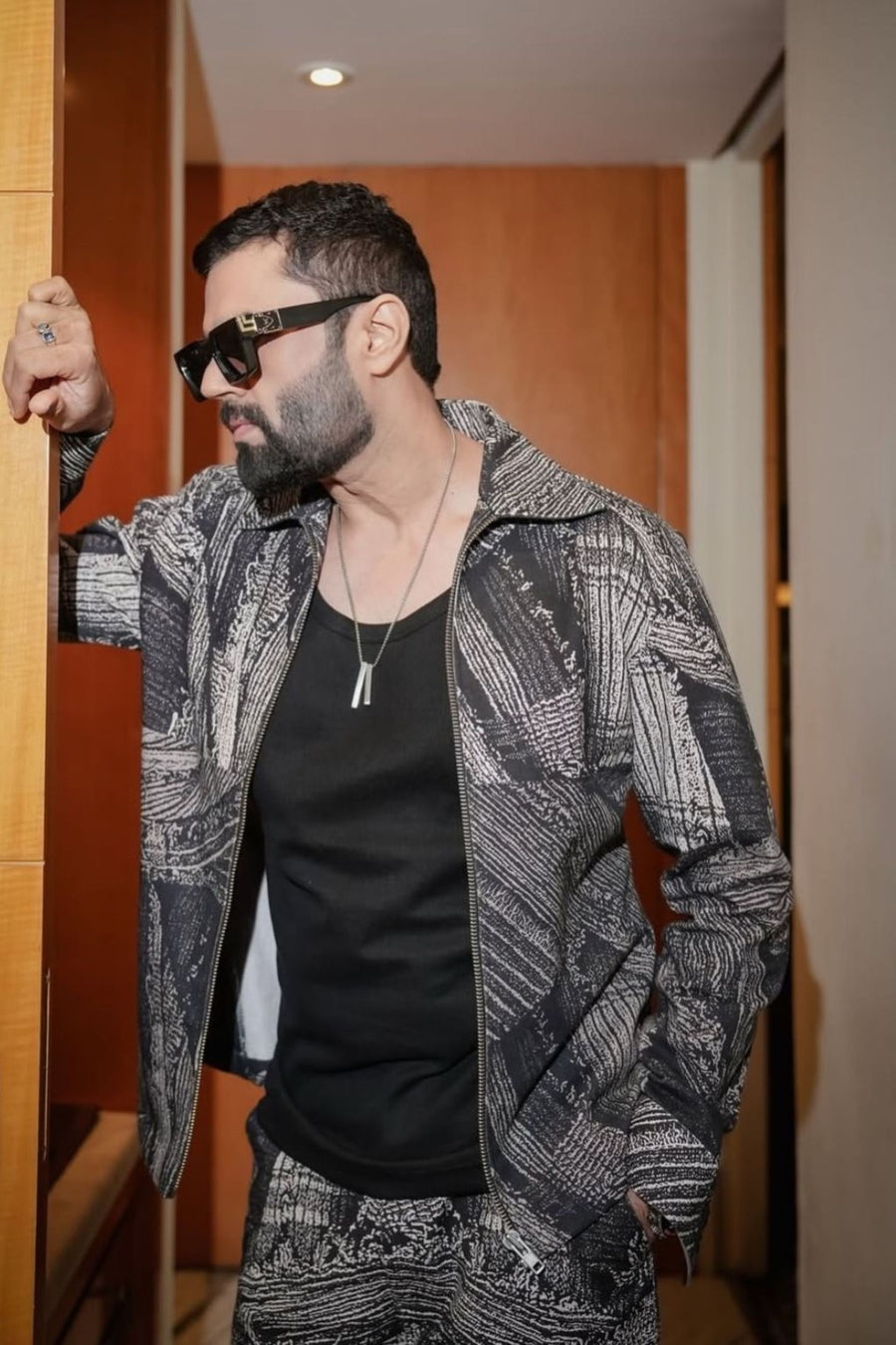 Manish Paul in Our Charcoal Abstract Digital Print Coord Set