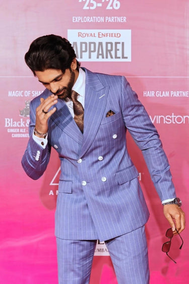 Taaha Shah in Double Breasted Azure Blue Suit
