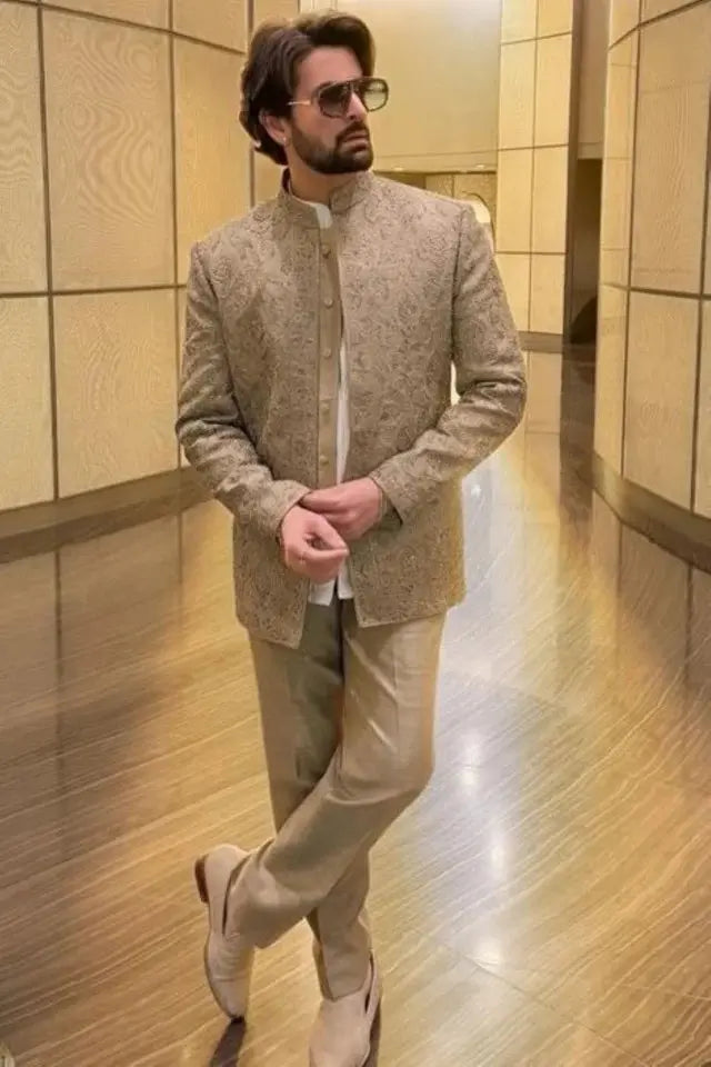 Neil Nitin Mukesh in Olive Beige Mukaish Bandhgala
