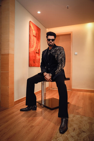 Manish Paul in Black Velvet Eagle Embroidered Suit