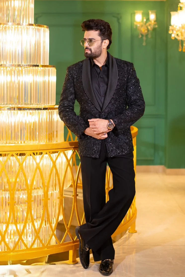Manish Paul in Black Tuxedo with Intricate Geometric Beadwork