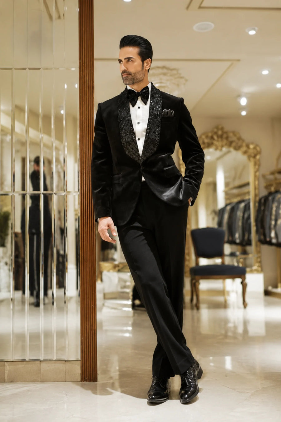 Black Velvet tuxedo with collar embellishment