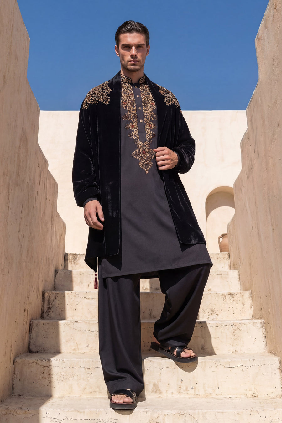 Black Designer Kurta Set with Velvet Stole