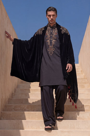 Black Designer Kurta Set with Velvet Stole