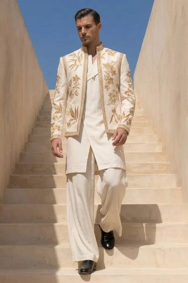 Ivory Zari Drape kurta, Bandhgala set